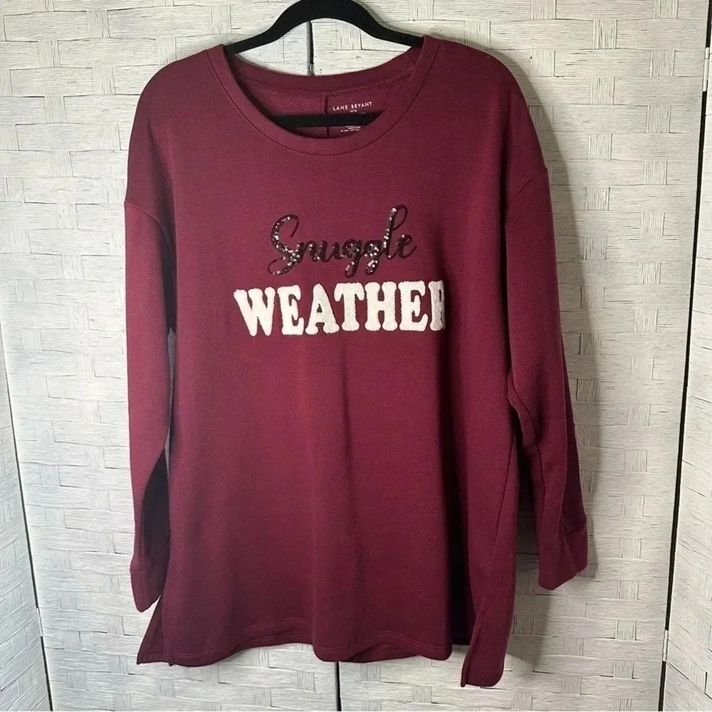 Lane Bryant Womens graphic sweatshirt burgundy snuggle weather cozy plus size